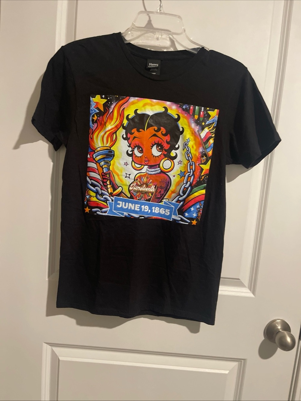 Black Graphic woman’s Sz S T-Shirt with Colorful Juneteenth Art 17 P2P 24 S2H